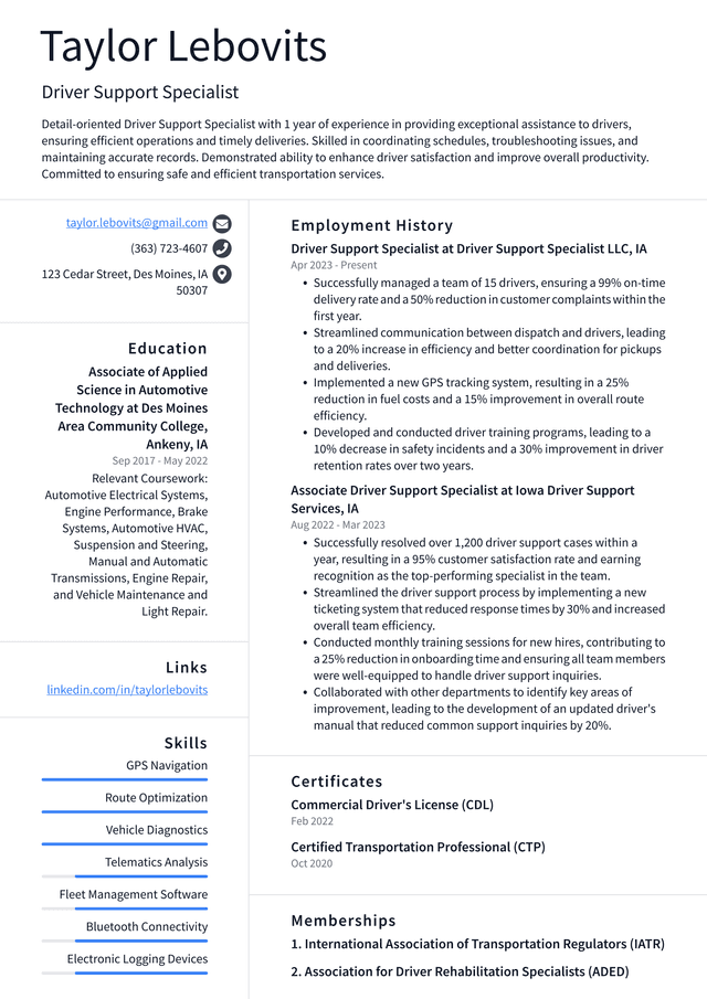 Uber Driver Support Specialist Resume Example