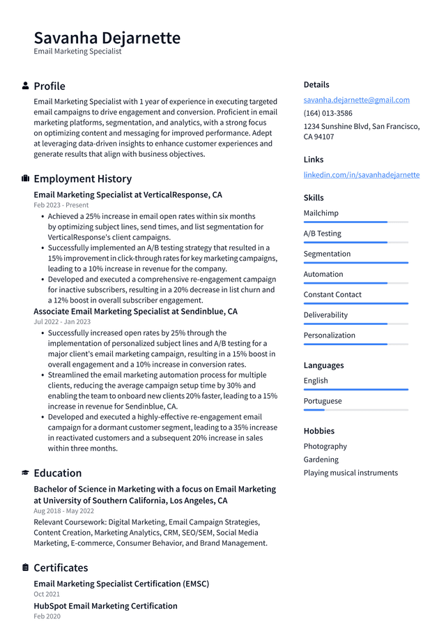 Uber Email Marketing Specialist Resume Example