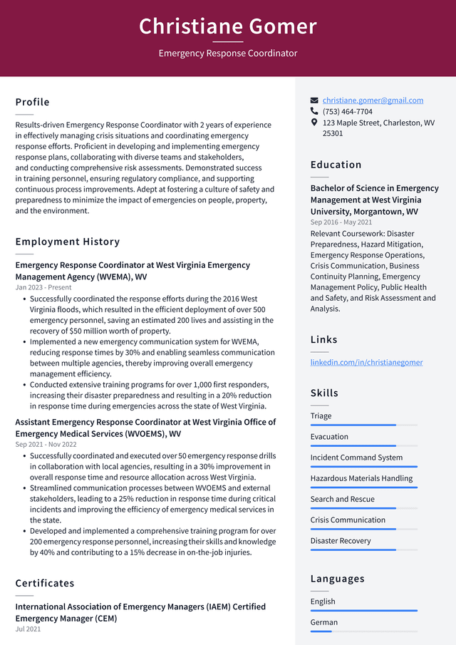 Uber Emergency Response Coordinator Resume Example