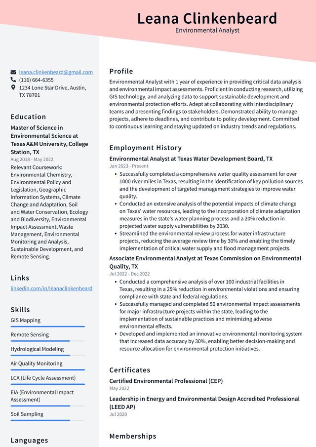 Uber Environmental Analyst Resume Example