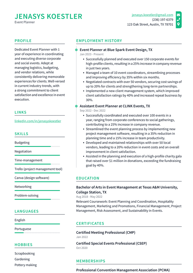 Uber Event Planner Resume Example