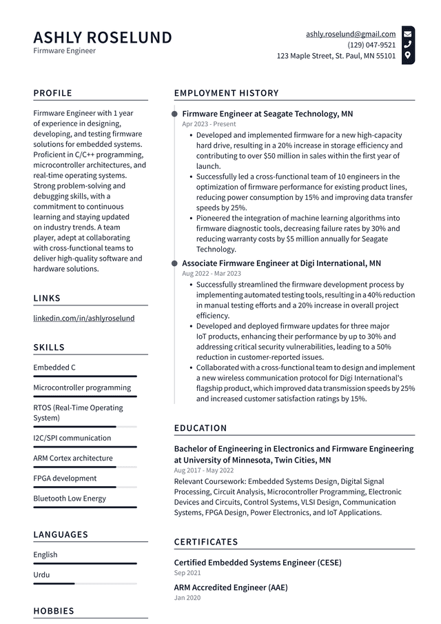 Uber Firmware Engineer Resume Example