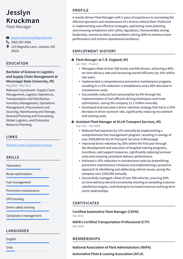 Uber Fleet Manager Resume Example