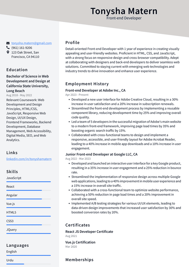 Uber Front-end Developer Resume Example