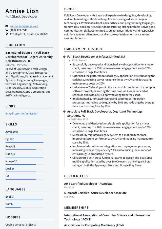 Uber Full Stack Developer Resume Example