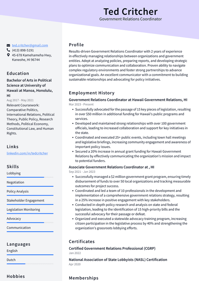 Uber Government Relations Coordinator Resume Example