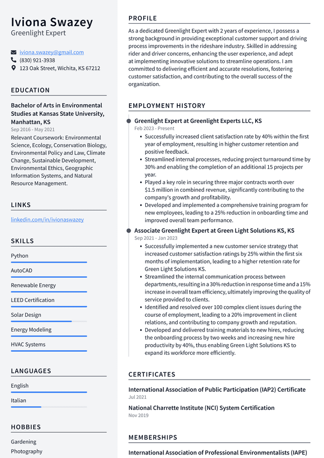 Uber Greenlight Expert Resume Example