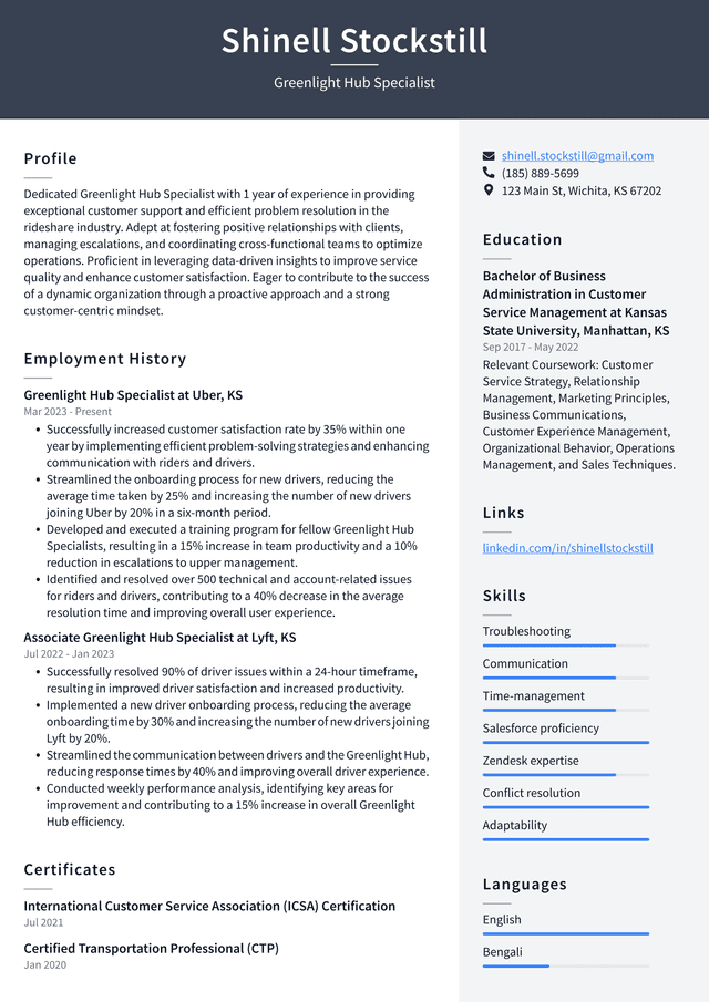 Uber Greenlight Hub Specialist Resume Example