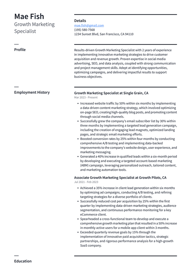 Uber Growth Marketing Specialist Resume Example