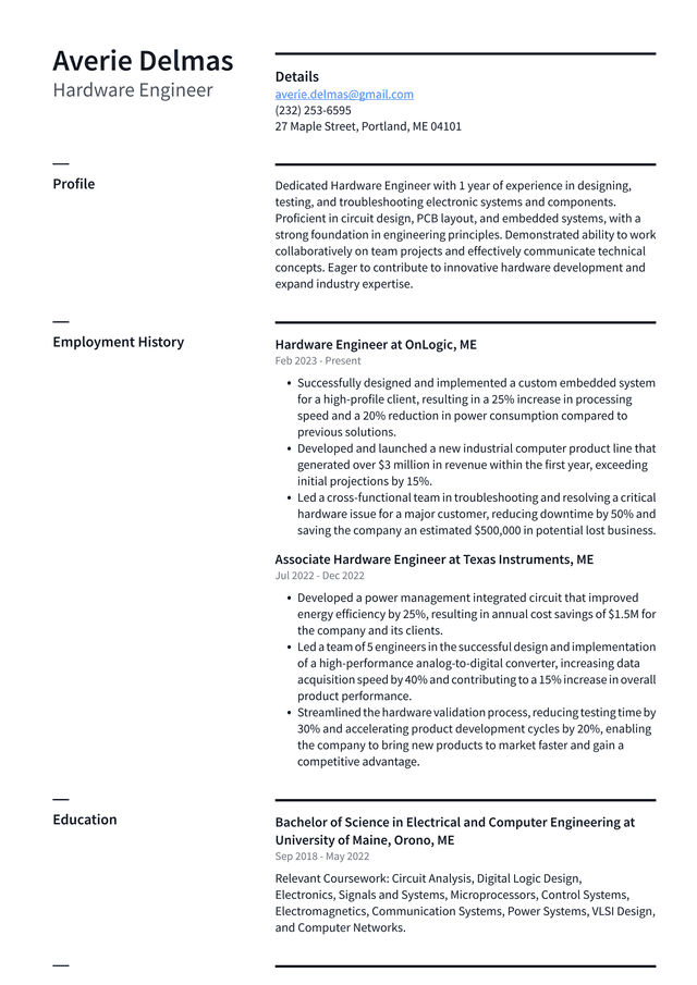 Uber Hardware Engineer Resume Example