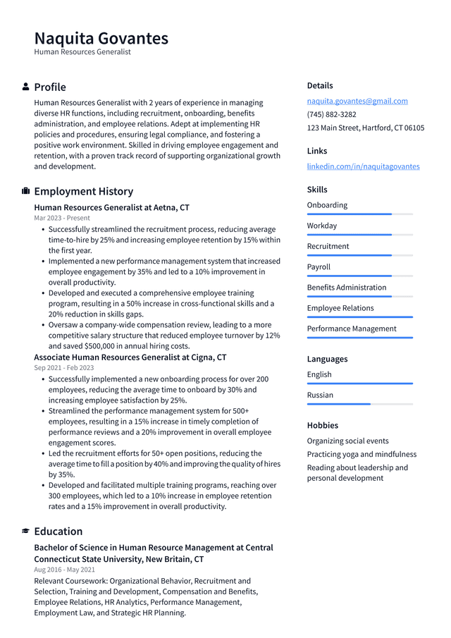 Uber Human Resources Generalist Resume Example