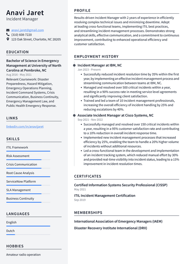 Uber Incident Manager Resume Example