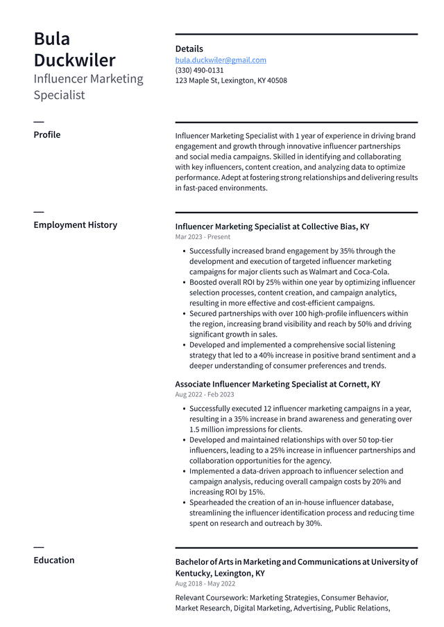 Uber Influencer Marketing Specialist Resume Example