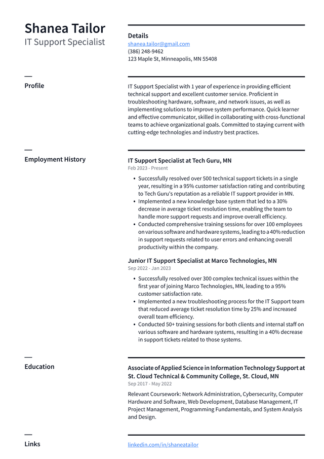 Uber IT Support Specialist Resume Example