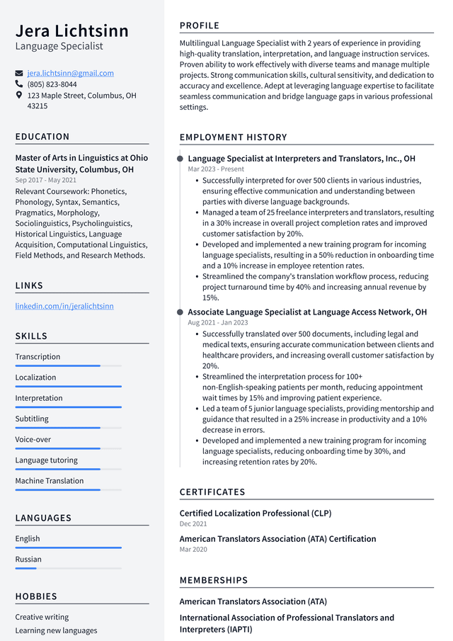 Uber Language Specialist Resume Example