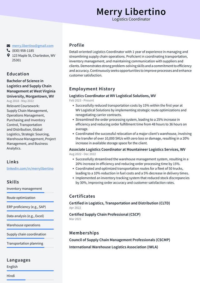 Uber Logistics Coordinator Resume Example