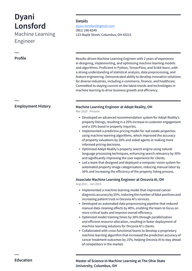 Uber Machine Learning Engineer Resume Example