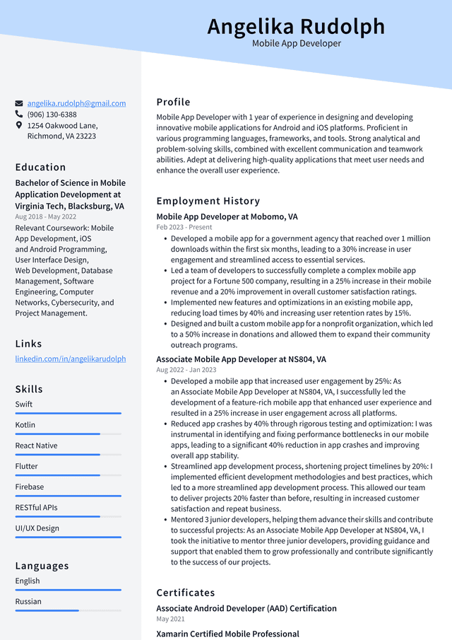 Uber Mobile App Developer Resume Example