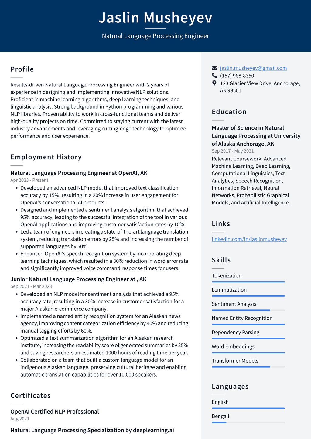 Uber Natural Language Processing Engineer Resume Examples