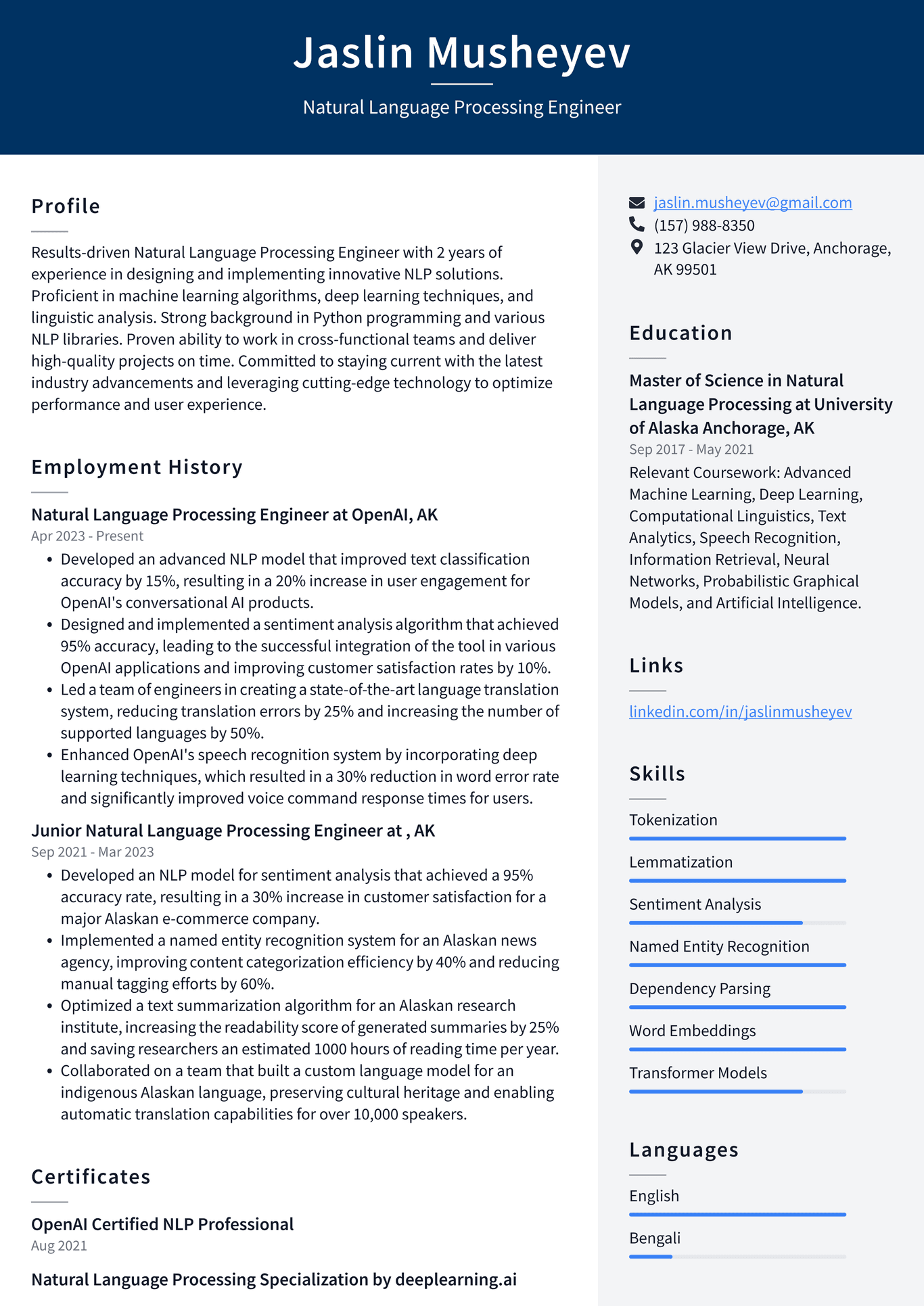 Uber Natural Language Processing Engineer Resume Examples