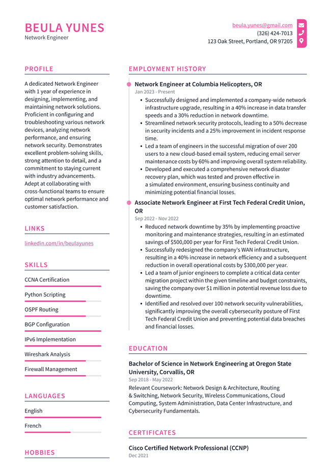 Uber Network Engineer Resume Example