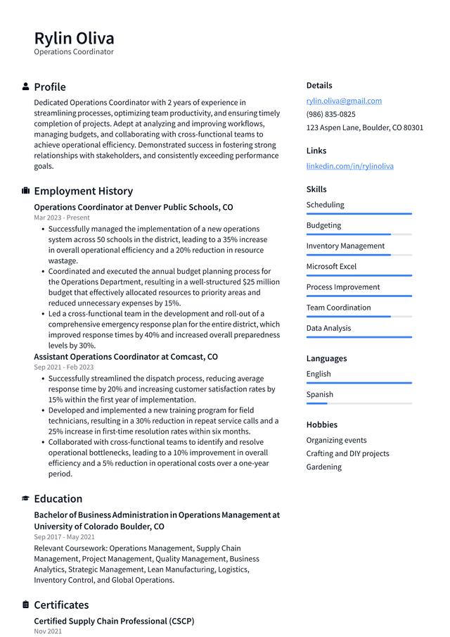 Uber Operations Coordinator Resume Example