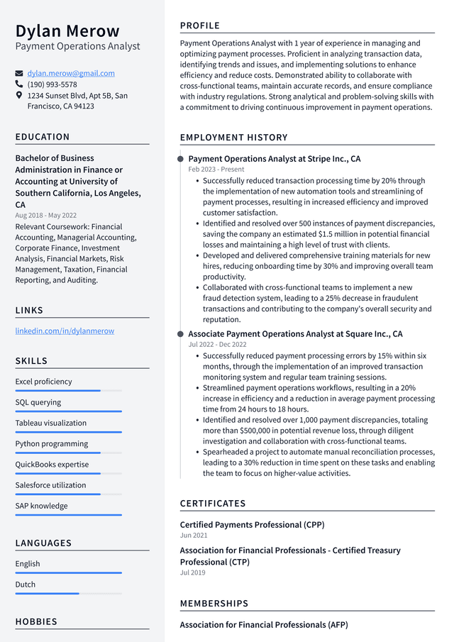 Uber Payment Operations Analyst Resume Example