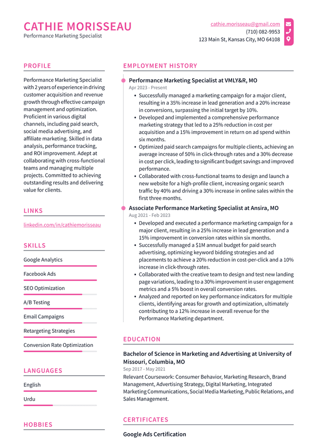 Uber Performance Marketing Specialist Resume Example