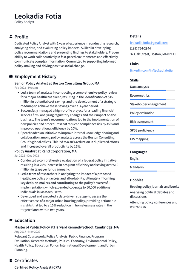 Uber Policy Analyst Resume Example