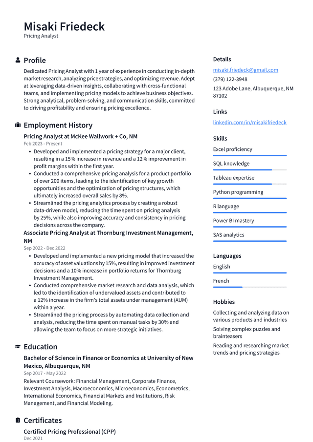 Uber Pricing Analyst Resume Example