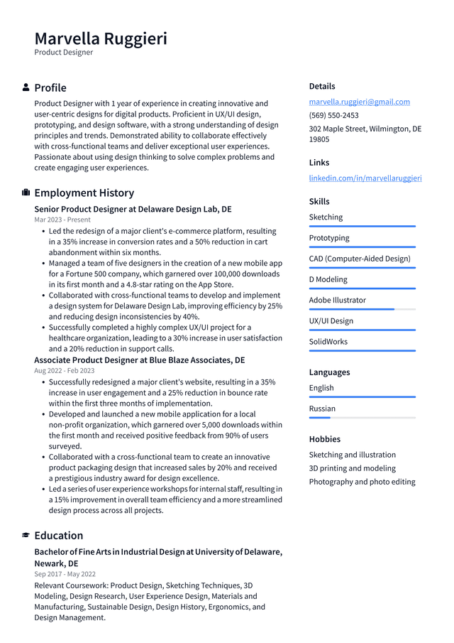 Uber Product Designer Resume Example