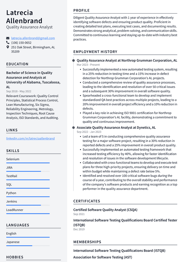 Uber Quality Assurance Analyst Resume Example