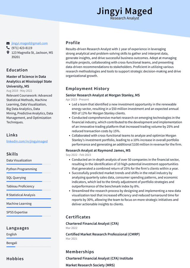 Uber Research Analyst Resume Example