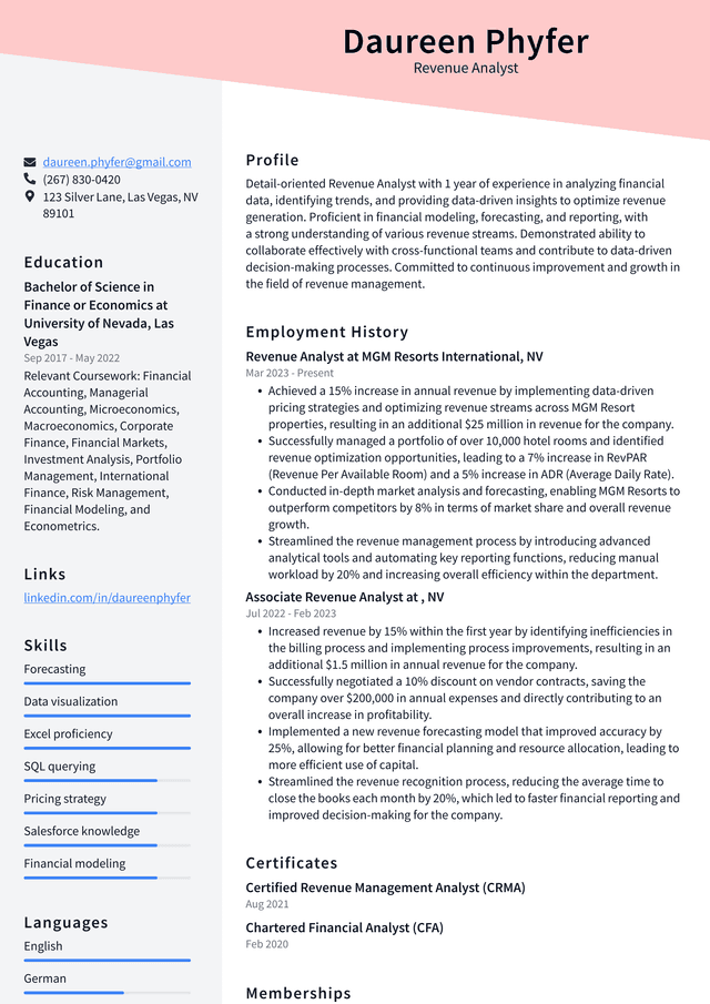 Uber Revenue Analyst Resume Example