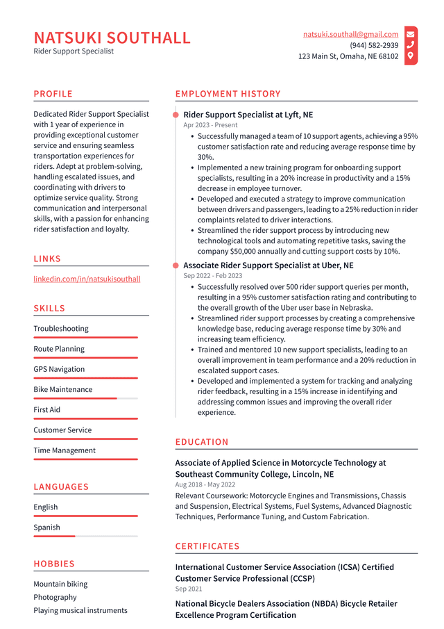 Uber Rider Support Specialist Resume Example