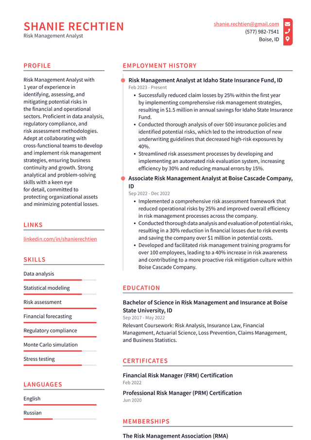 Uber Risk Management Analyst Resume Example