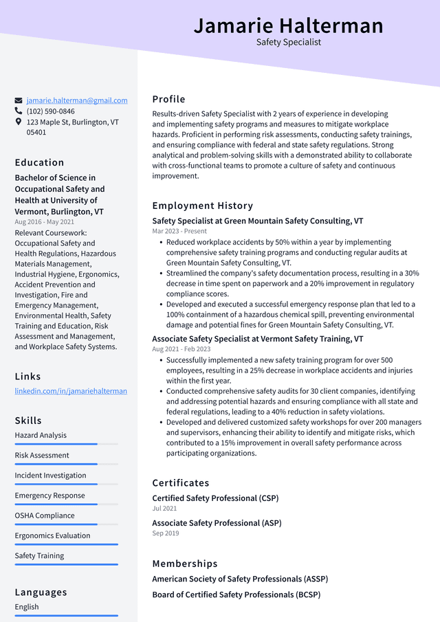 Uber Safety Specialist Resume Example