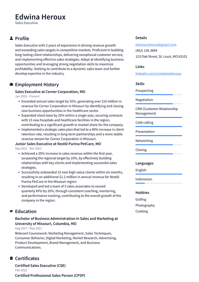 Uber Sales Executive Resume Example