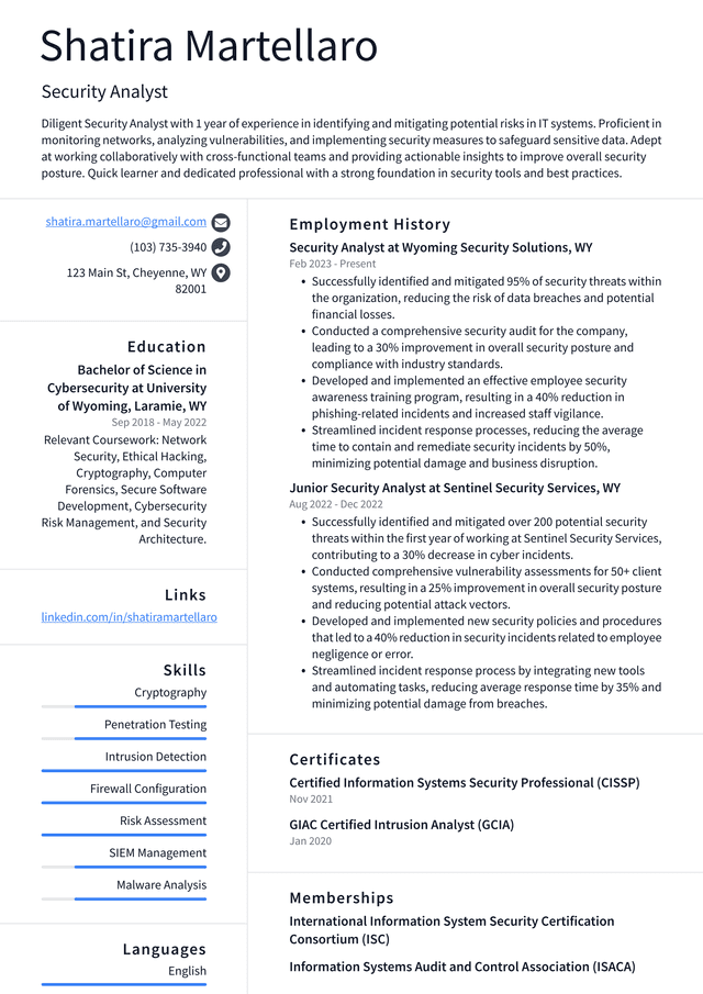 Uber Security Analyst Resume Example