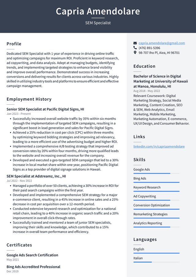 Uber SEM Specialist Resume Example