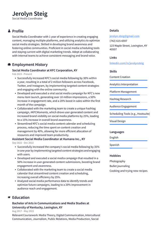 Uber Social Media Coordinator Resume Example