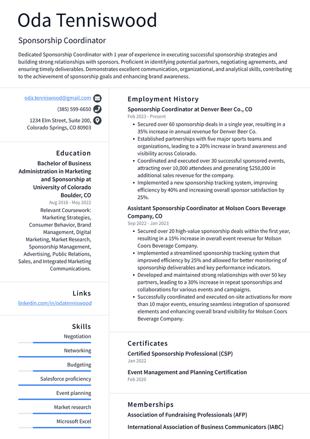 Uber Sponsorship Coordinator Resume Example