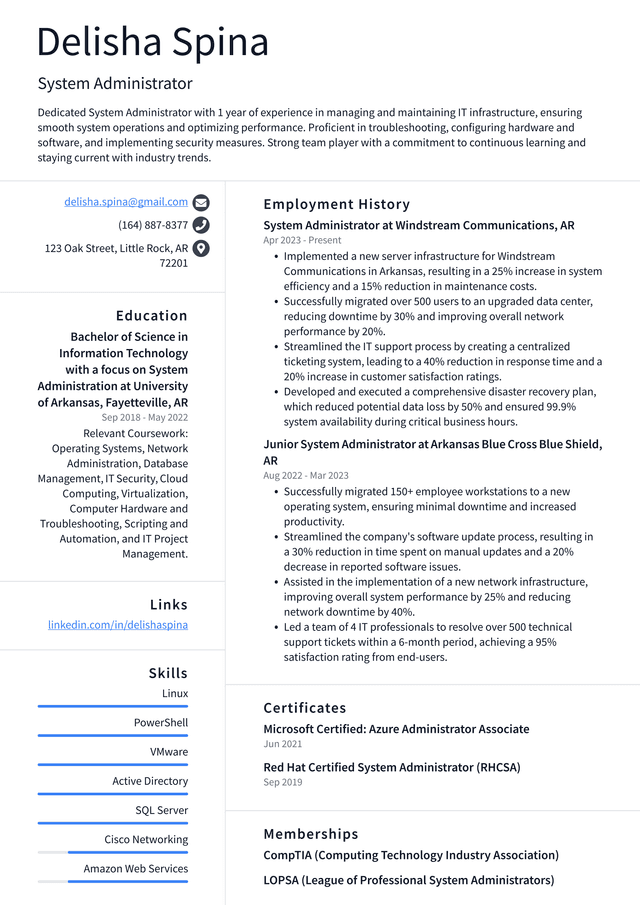 Uber System Administrator Resume Example