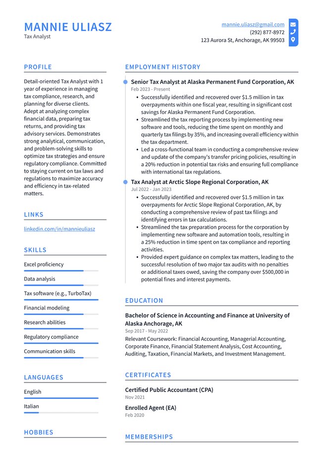 Uber Tax Analyst Resume Example