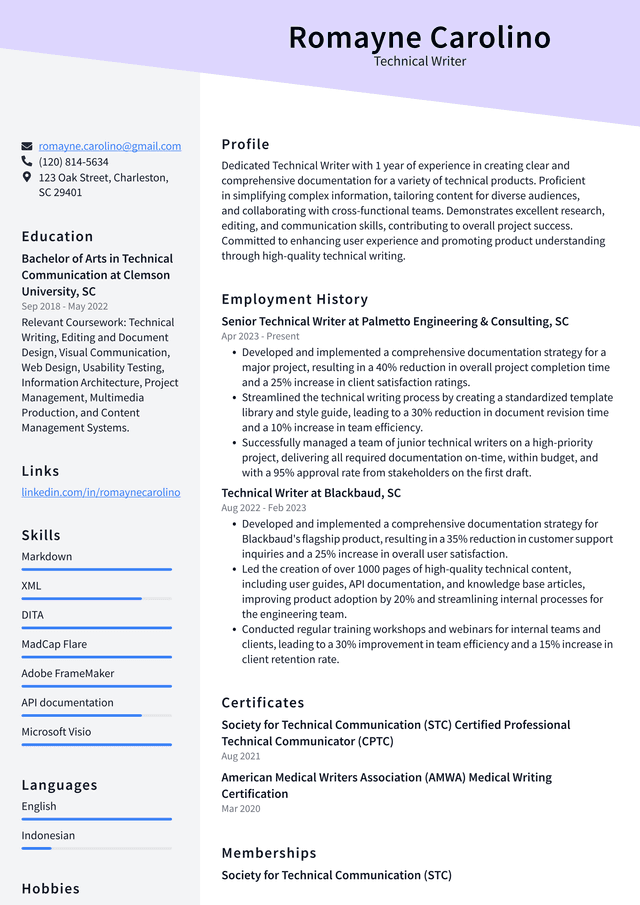 Uber Technical Writer Resume Example