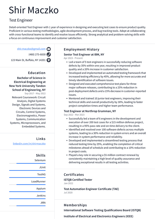 Uber Test Engineer Resume Example