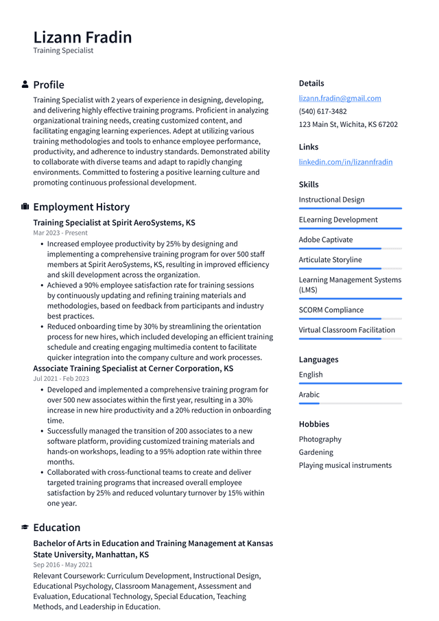 Uber Training Specialist Resume Example