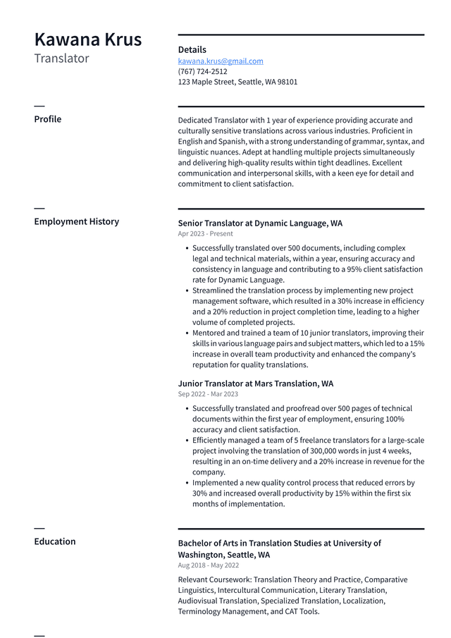 Uber Translator Resume Example