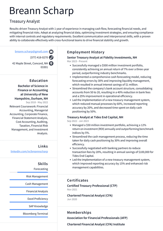 Uber Treasury Analyst Resume Example