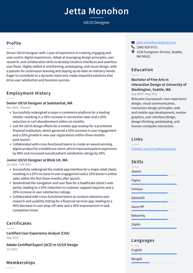 Uber UX/UI Designer Resume Example